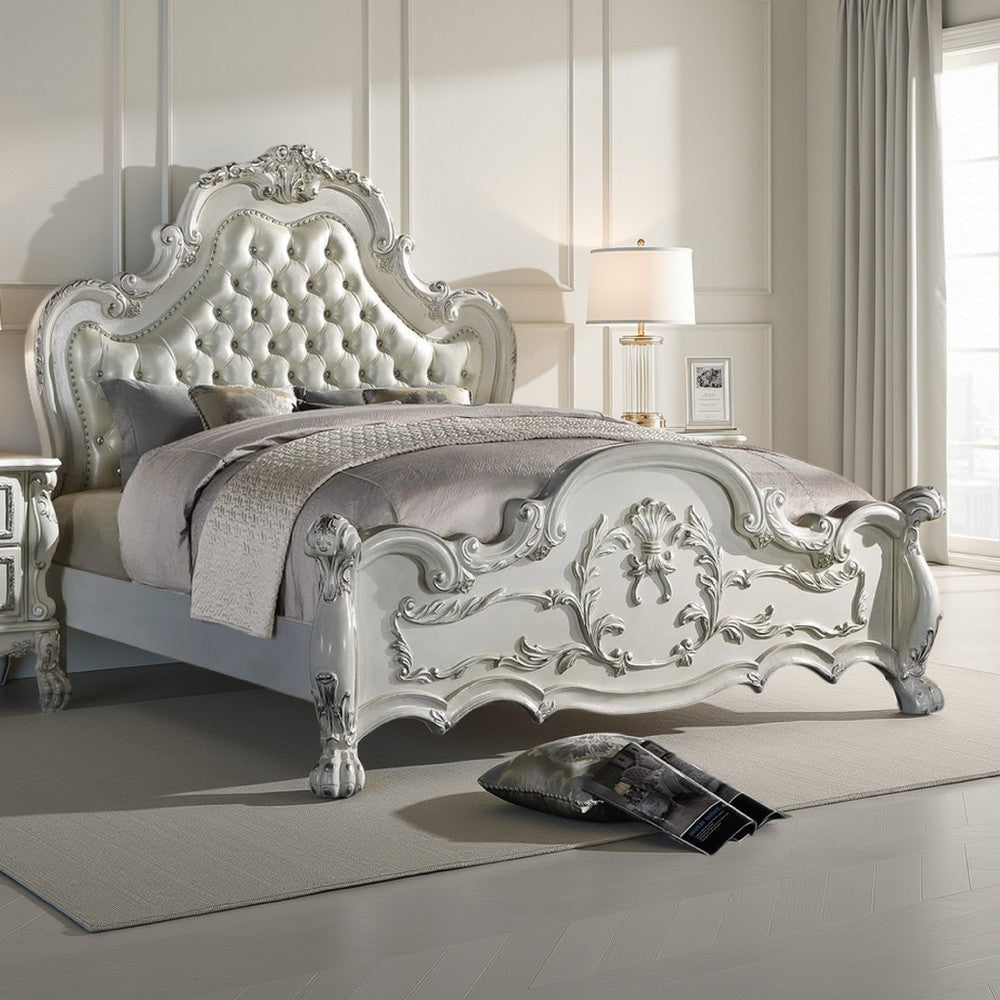 Ally California King Size Bed, White Faux Leather Victorian Carved