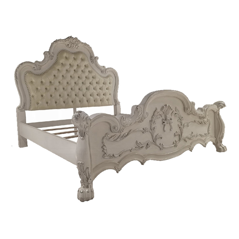 Ally King Bed, Classical White Faux Leather Victorian Carved Wood