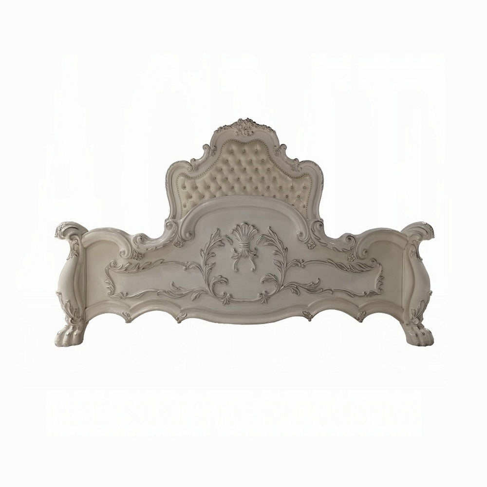 Ally King Bed Classical White Faux Leather Victorian Carved Wood