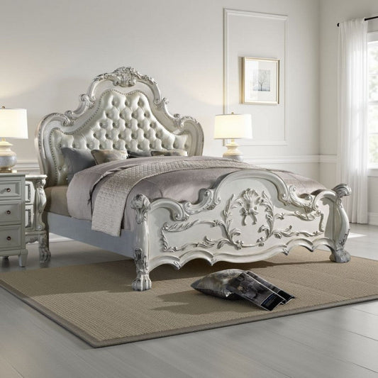 Ally King Bed, Classical White Faux Leather Victorian Carved Wood