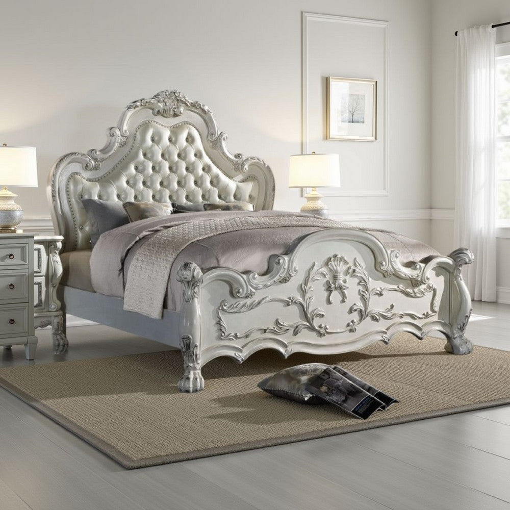 Ally King Bed, Classical White Faux Leather Victorian Carved Wood