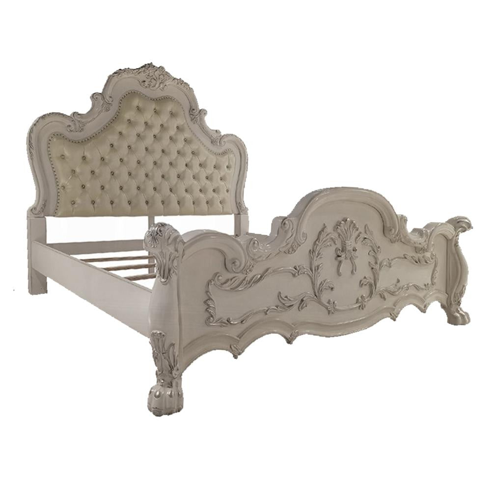 Ally King Bed, Decorative Carved Accent Inlay, Bone White Wood, Silver