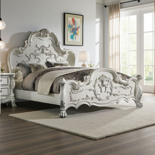 Ally King Bed, Decorative Carved Accent Inlay, Bone White Wood, Silver