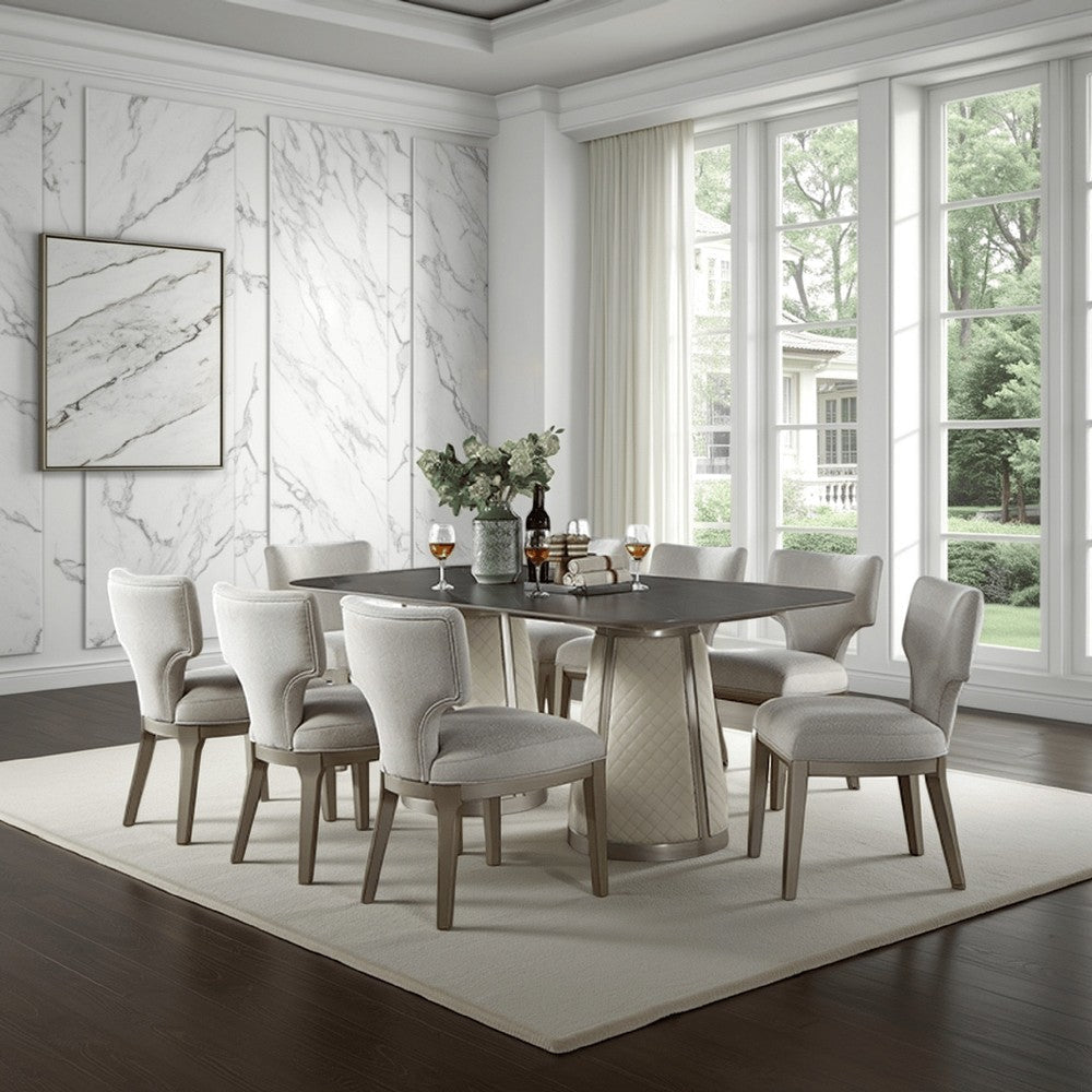 Kyna Dining Table, Gray, 82 Inch Black Sintered Stone Rectangular Top