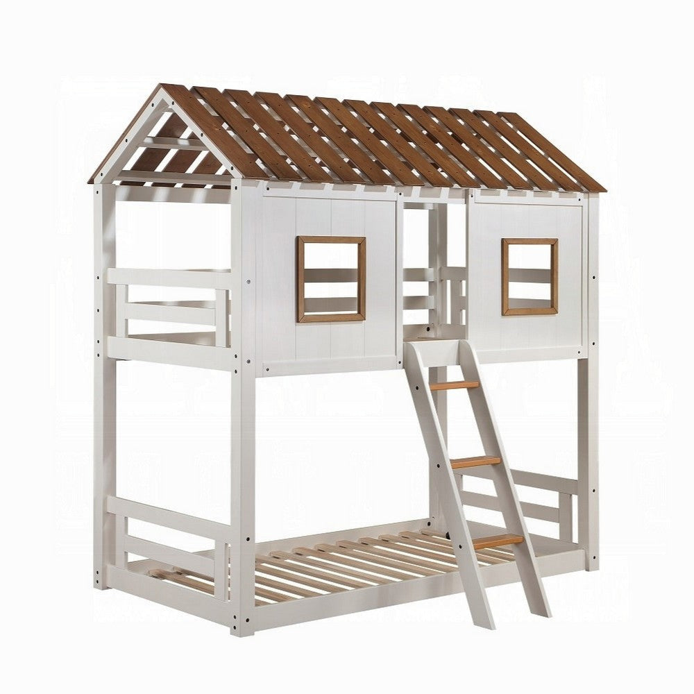 Nara Twin Size Bunk Bed, House Design with Ladder, White Rustic Wood