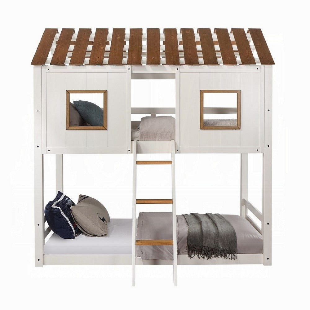 Nara Twin Size Bunk Bed House Design with Ladder White Rustic Wood BM327573