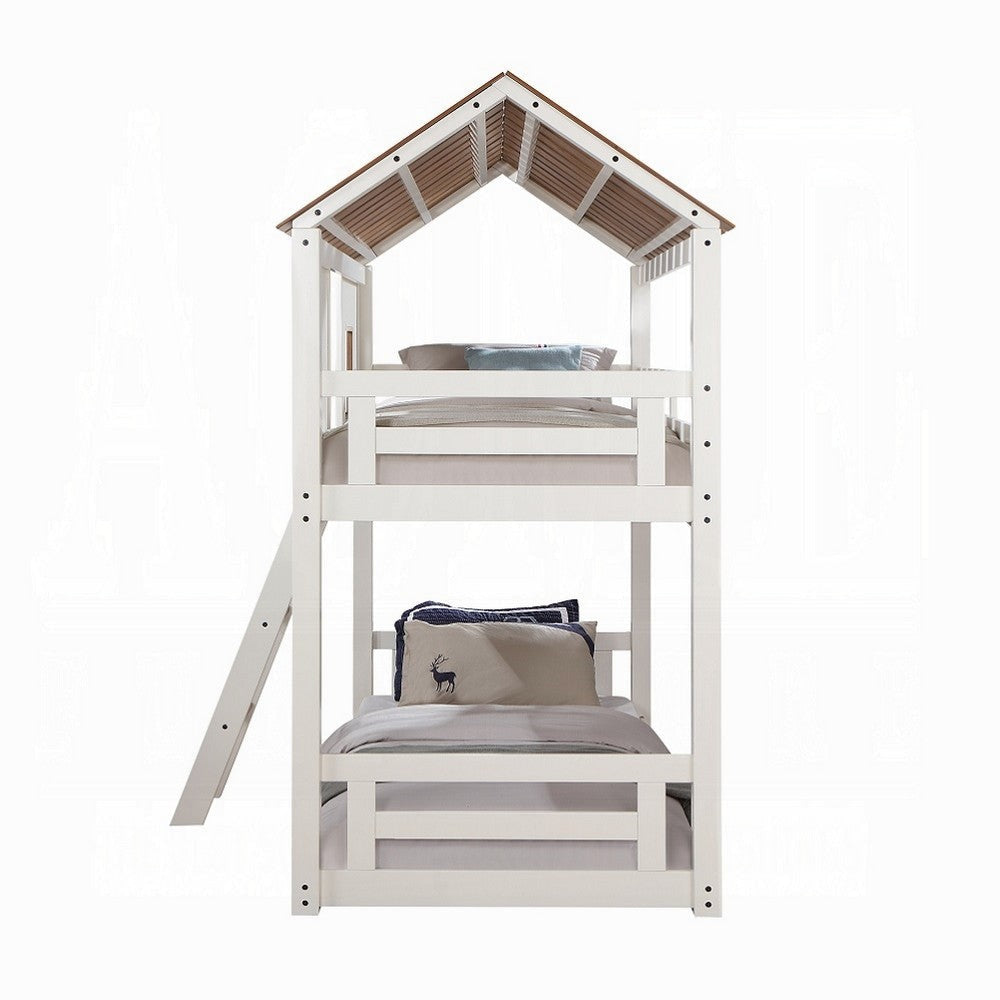 Nara Twin Size Bunk Bed House Design with Ladder White Rustic Wood BM327573
