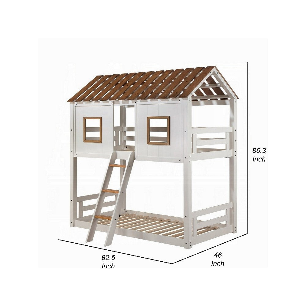 Nara Twin Size Bunk Bed House Design with Ladder White Rustic Wood BM327573