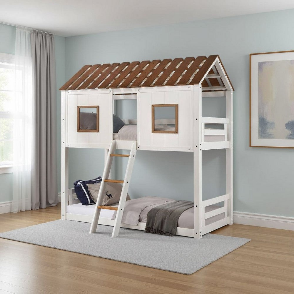 Nara Twin Size Bunk Bed House Design with Ladder White Rustic Wood BM327573