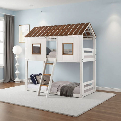 Nara Twin Size Bunk Bed, House Design with Ladder, White Rustic Wood