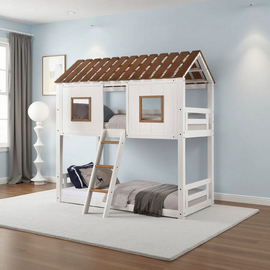 Nara Twin Size Bunk Bed, House Design with Ladder, White Rustic Wood