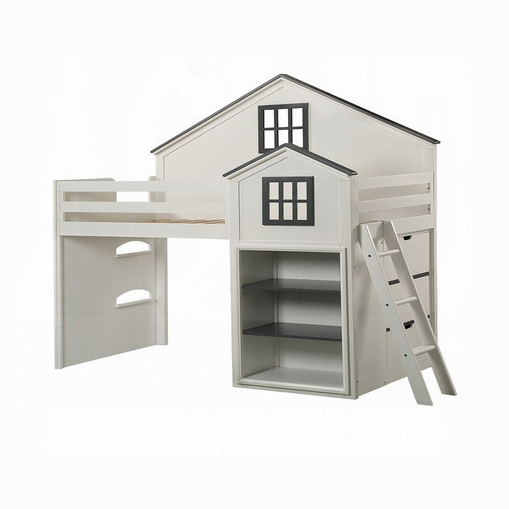 Robin Twin Size Loft Bed House Design Built In Bookshelf White Gray BM327574