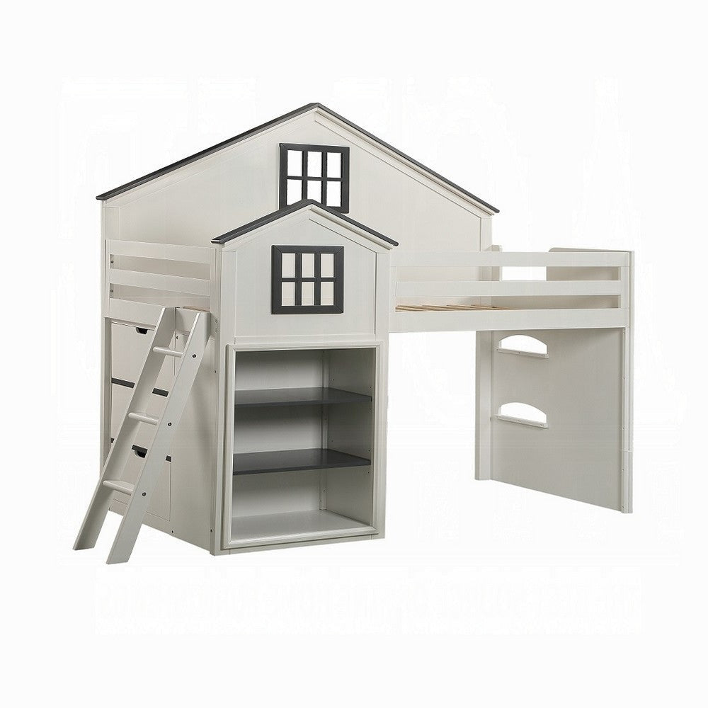 Robin Twin Size Loft Bed House Design Built In Bookshelf White Gray BM327574