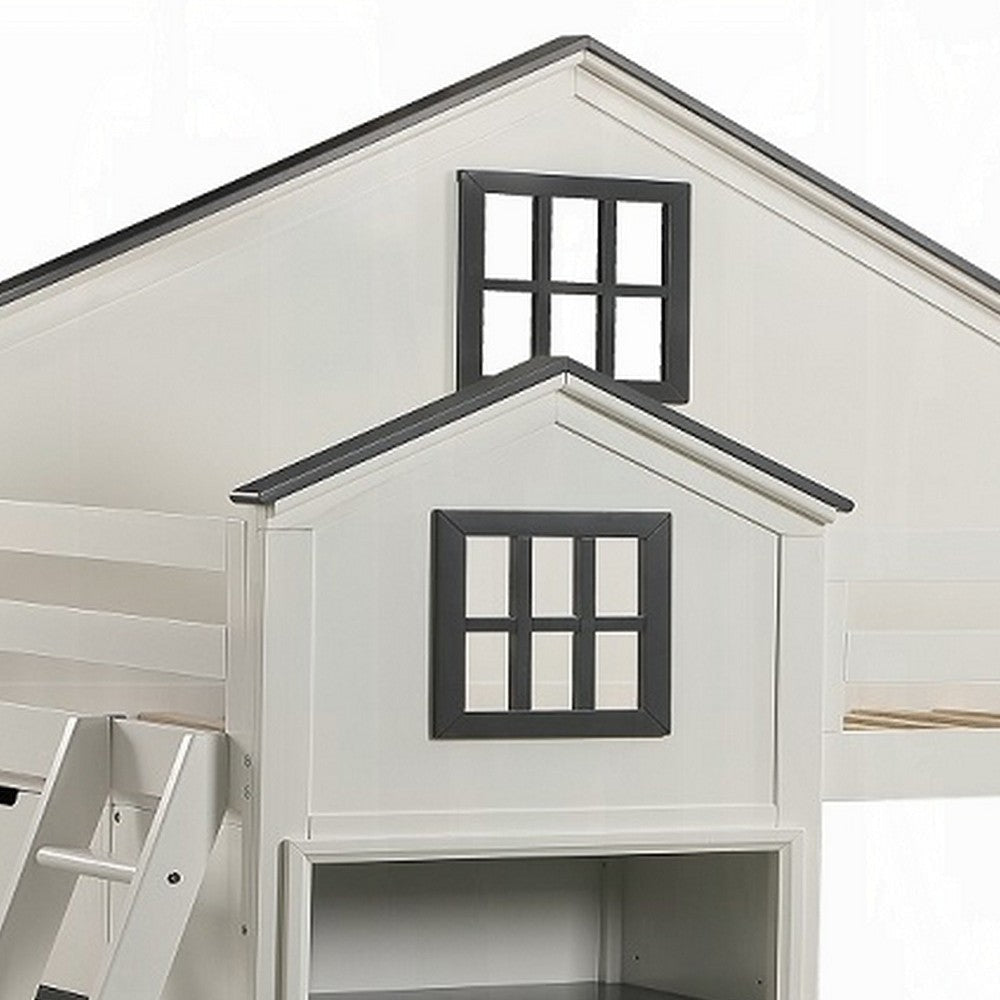 Robin Twin Size Loft Bed House Design Built In Bookshelf White Gray BM327574