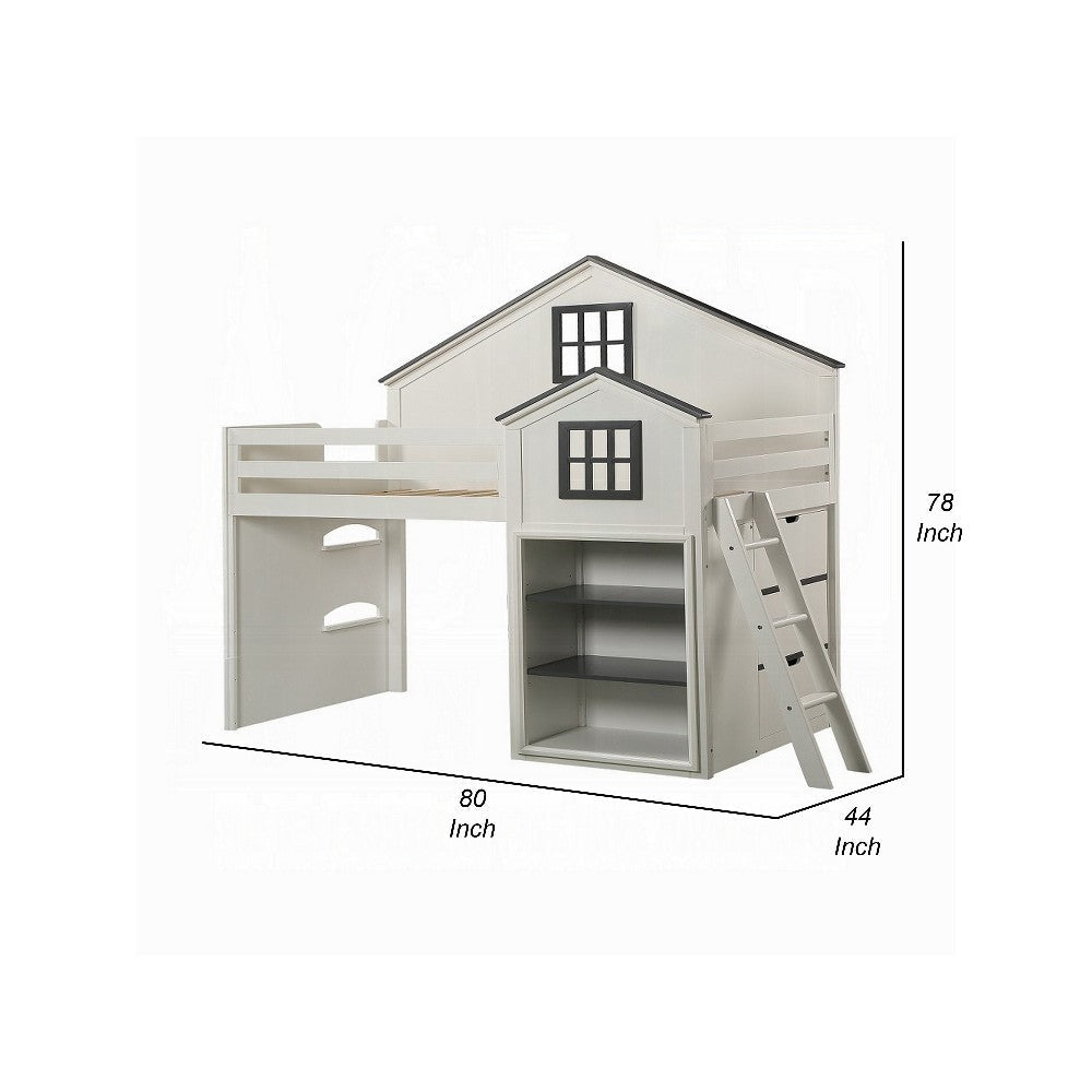 Robin Twin Size Loft Bed House Design Built In Bookshelf White Gray BM327574