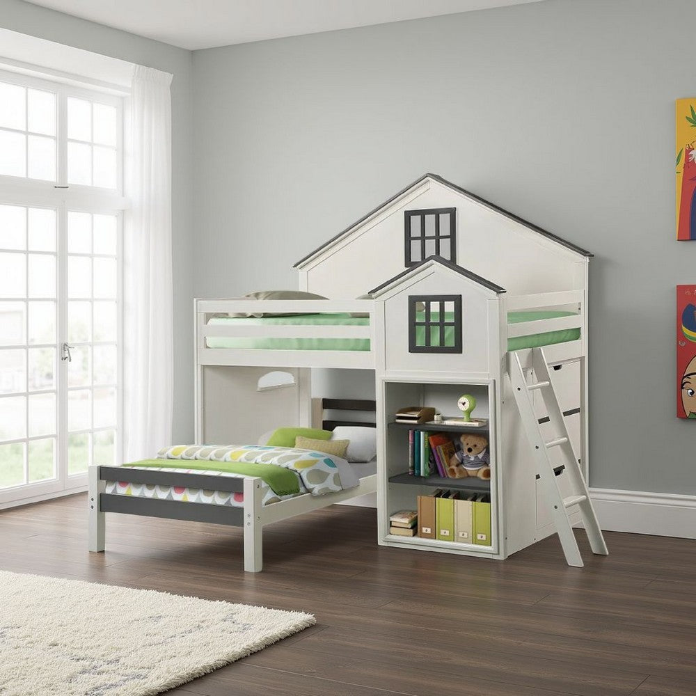 Robin Twin Size Loft Bed House Design Built In Bookshelf White Gray BM327574