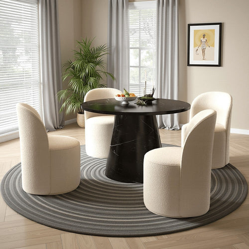Olivia Dining Table, Pedestal Base, 48 Inch Round Black Faux Stone Top