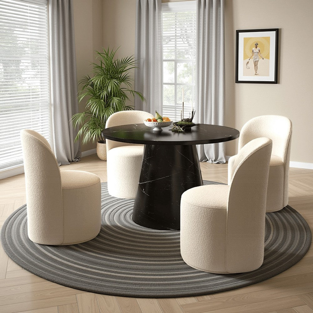 Olivia Dining Table, Pedestal Base, 48 Inch Round Black Faux Stone Top