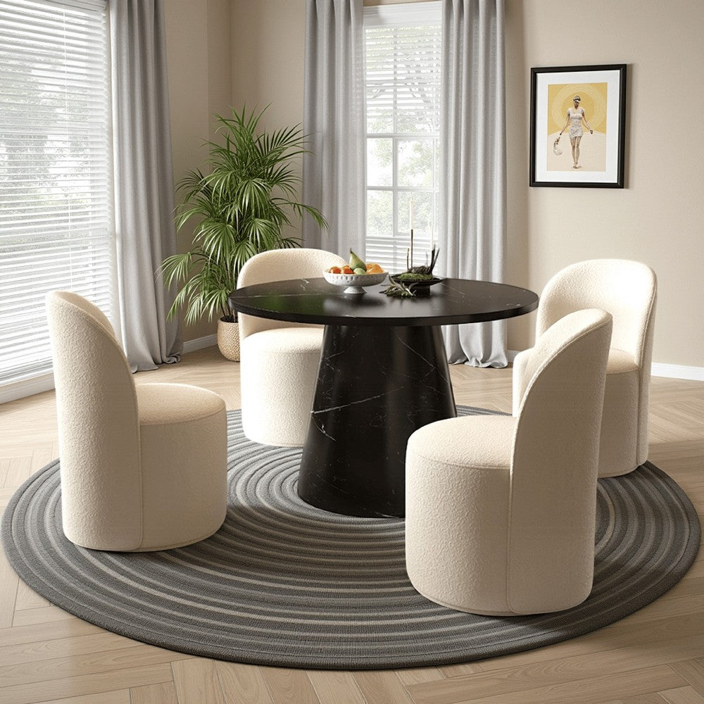 Olivia Dining Table, Pedestal Base, 48 Inch Round Black Faux Stone Top
