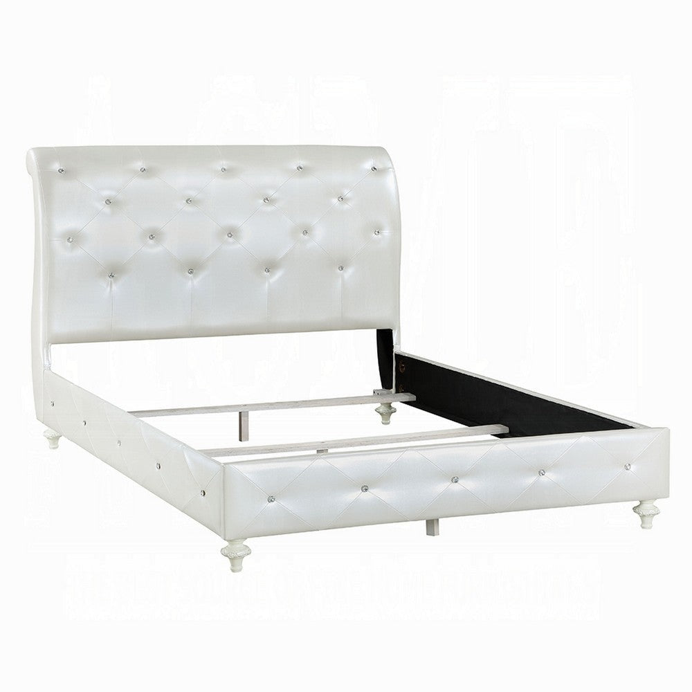 Dorie Full Bed, Pearl White Faux Leather Victorian Carved w Crystals