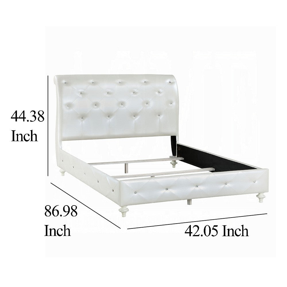 Dorie Twin Bed Pearl White Faux Leather Victorian Carved w Crystals BM327580