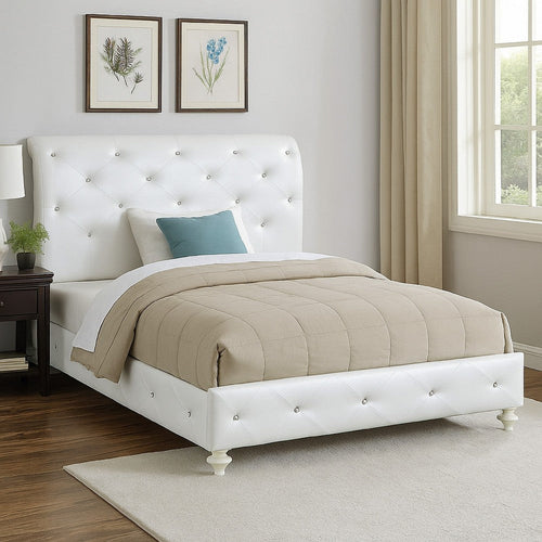Dorie Twin Bed, Pearl White Faux Leather Victorian Carved w Crystals