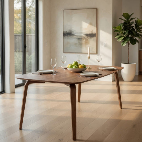 Kinni Dining Table, Walnut Brown Wood, Bent Legs, Rectangular 59 Inch