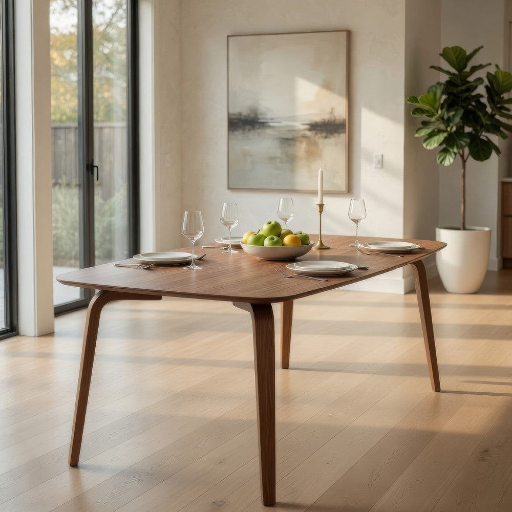 Kinni Dining Table, Walnut Brown Wood, Bent Legs, Rectangular 59 Inch