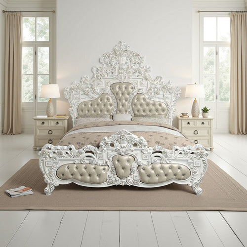 Kin King Size Bed, Ornate Vintage White, Tufted Beige Faux Leather