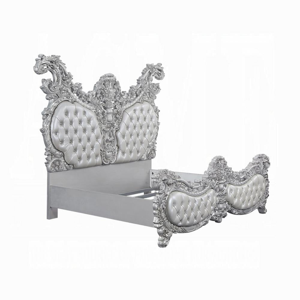 Vera King Size Bed, Ornate Carving, Platinum Faux Leather Upholstery