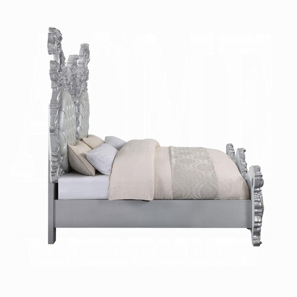 Vera King Size Bed Ornate Carving Platinum Faux Leather Upholstery BM327586