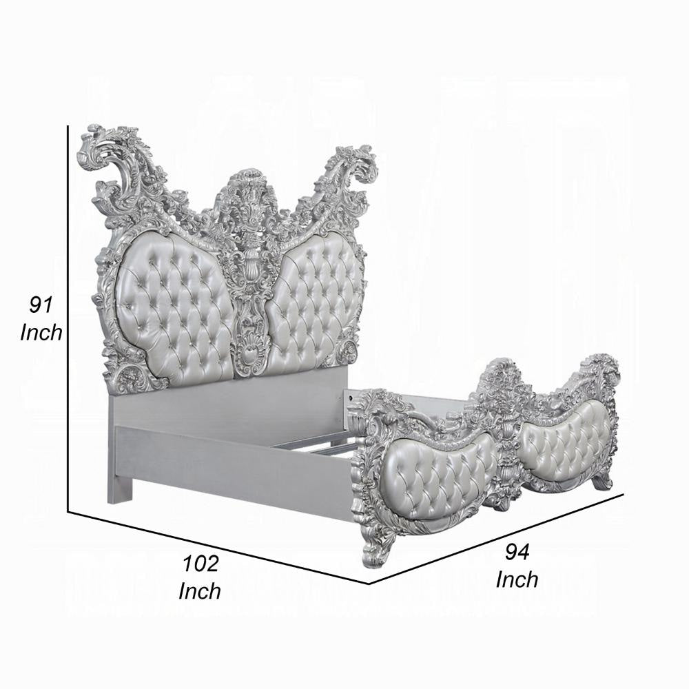 Vera King Size Bed Ornate Carving Platinum Faux Leather Upholstery BM327586