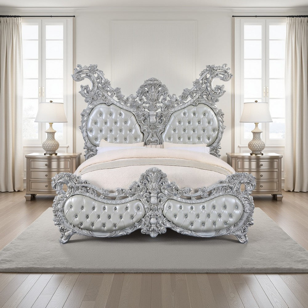 Vera King Size Bed Ornate Carving Platinum Faux Leather Upholstery BM327586
