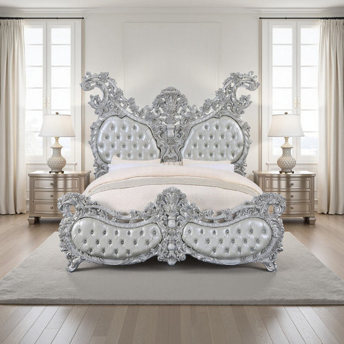 Vera King Size Bed, Ornate Carving, Platinum Faux Leather Upholstery