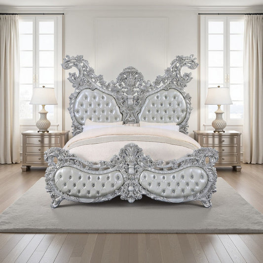 Vera King Size Bed, Ornate Carving, Platinum Faux Leather Upholstery