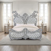 Vera King Size Bed, Ornate Carving, Platinum Faux Leather Upholstery