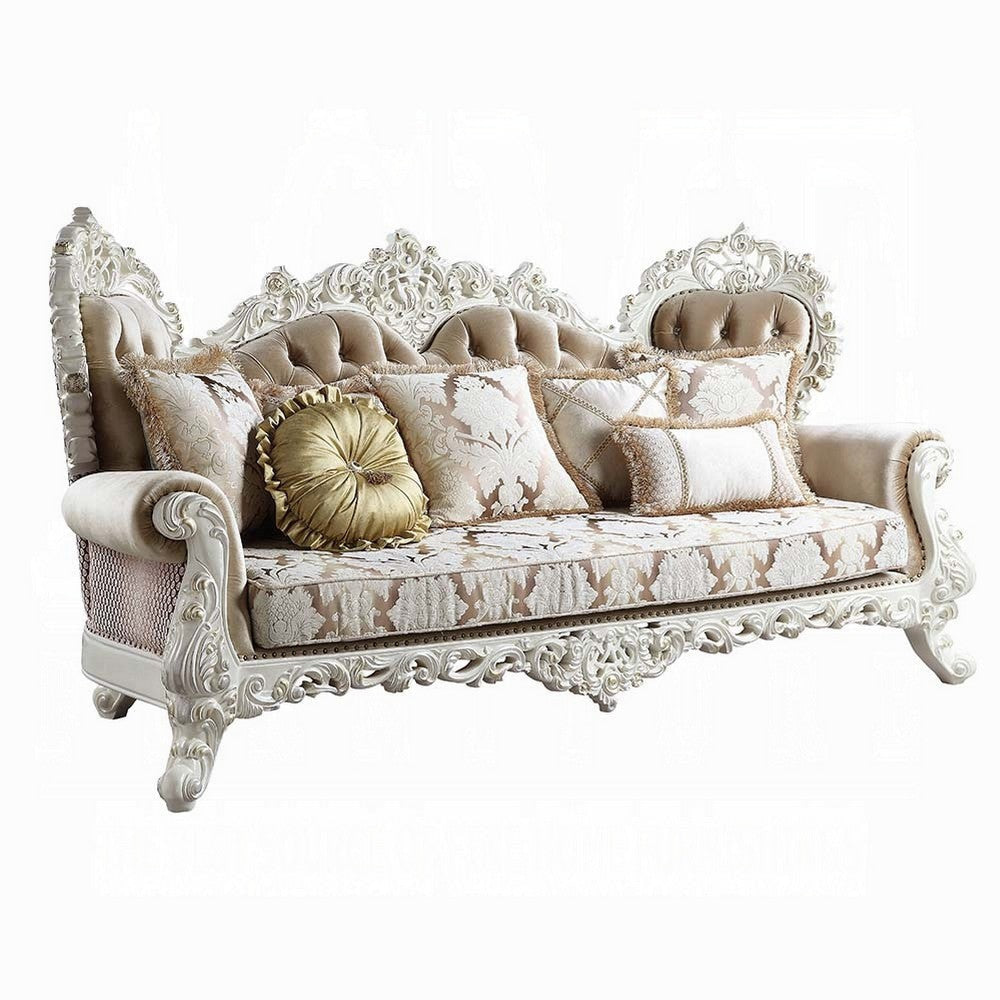 Kin Ornate Sofa, 7 Accent Pillows, Tufted Tan and Antique White