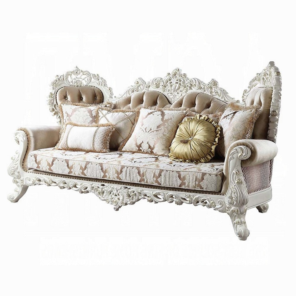 Kin Ornate Sofa 7 Accent Pillows Tufted Tan and Antique White BM327587