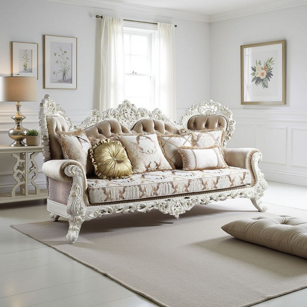 Kin Ornate Sofa, 7 Accent Pillows, Tufted Tan and Antique White
