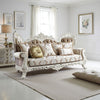 Kin Ornate Sofa, 7 Accent Pillows, Tufted Tan and Antique White