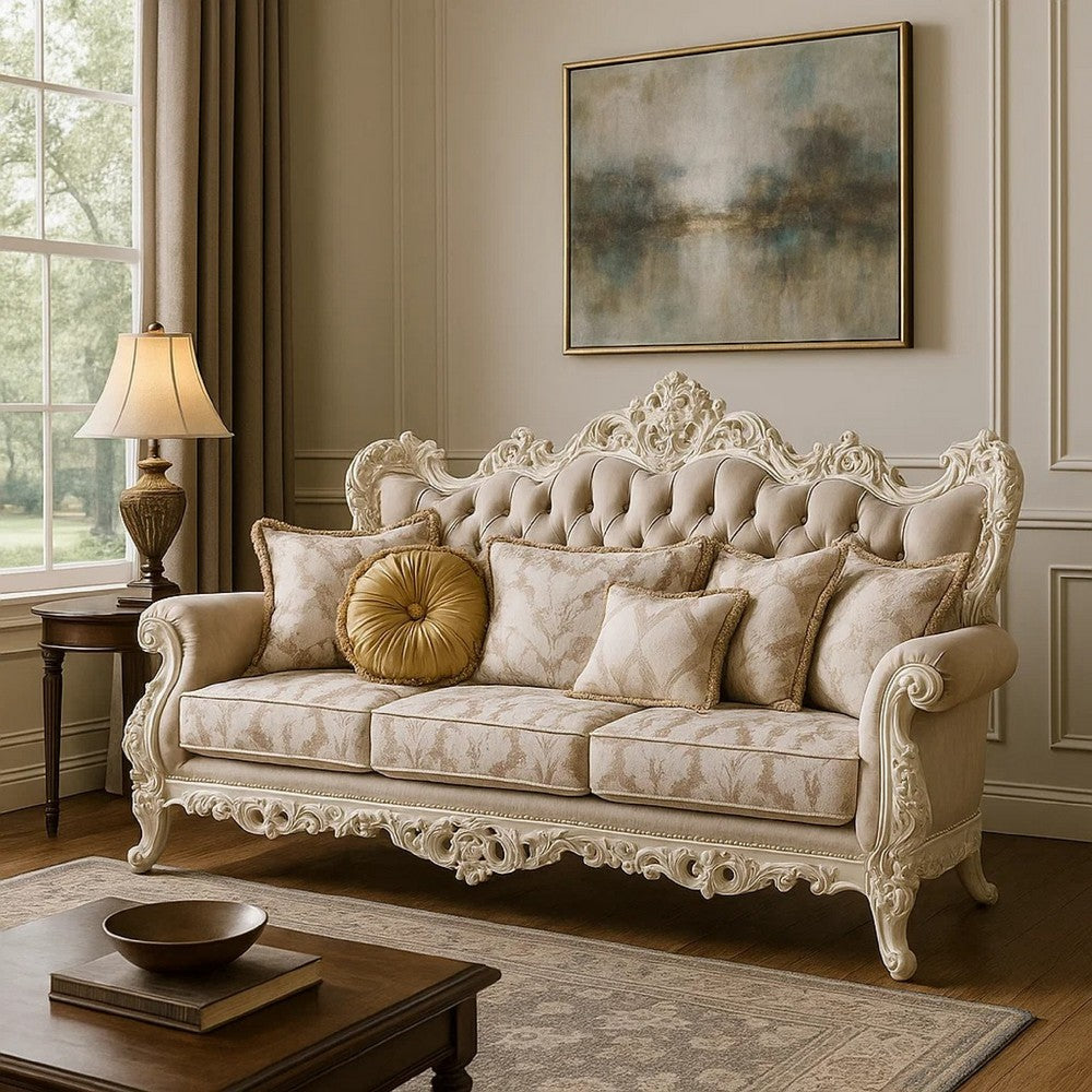 Kin Ornate Sofa, 7 Accent Pillows, Tufted Tan and Antique White, image size:1000x1000