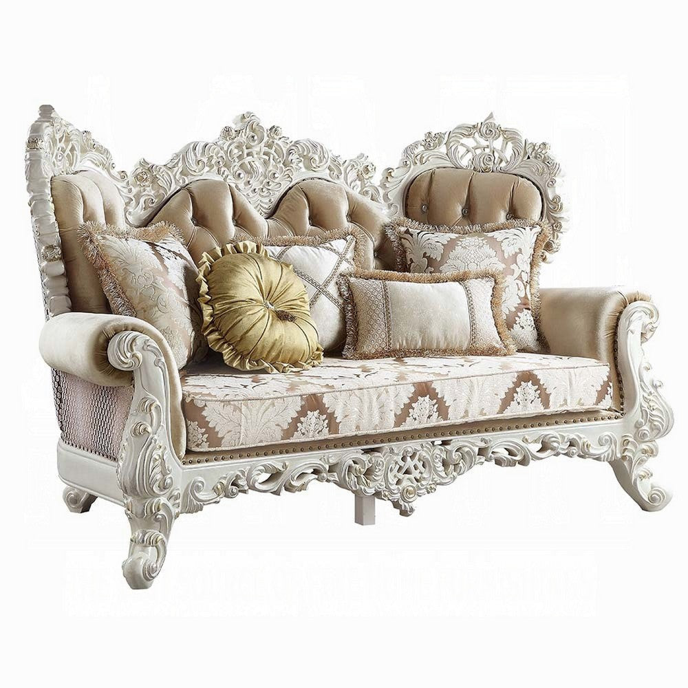 Kin Ornate Loveseat, 5 Accent Pillows, Tufted Tan, Antique White,