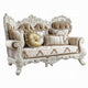Kin Ornate Loveseat, 5 Accent Pillows, Tufted Tan, Antique White,