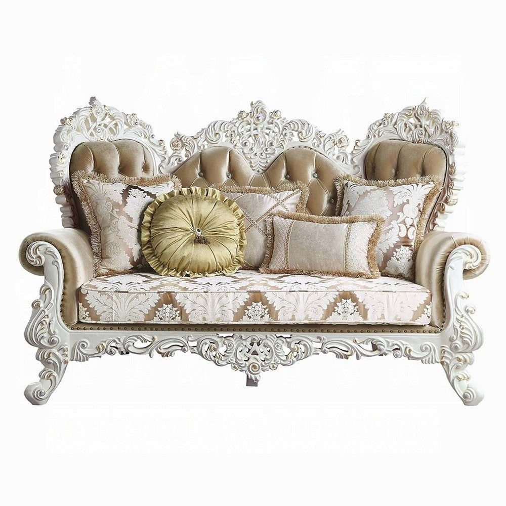 Kin Ornate Loveseat 5 Accent Pillows Tufted Tan Antique White, BM327588