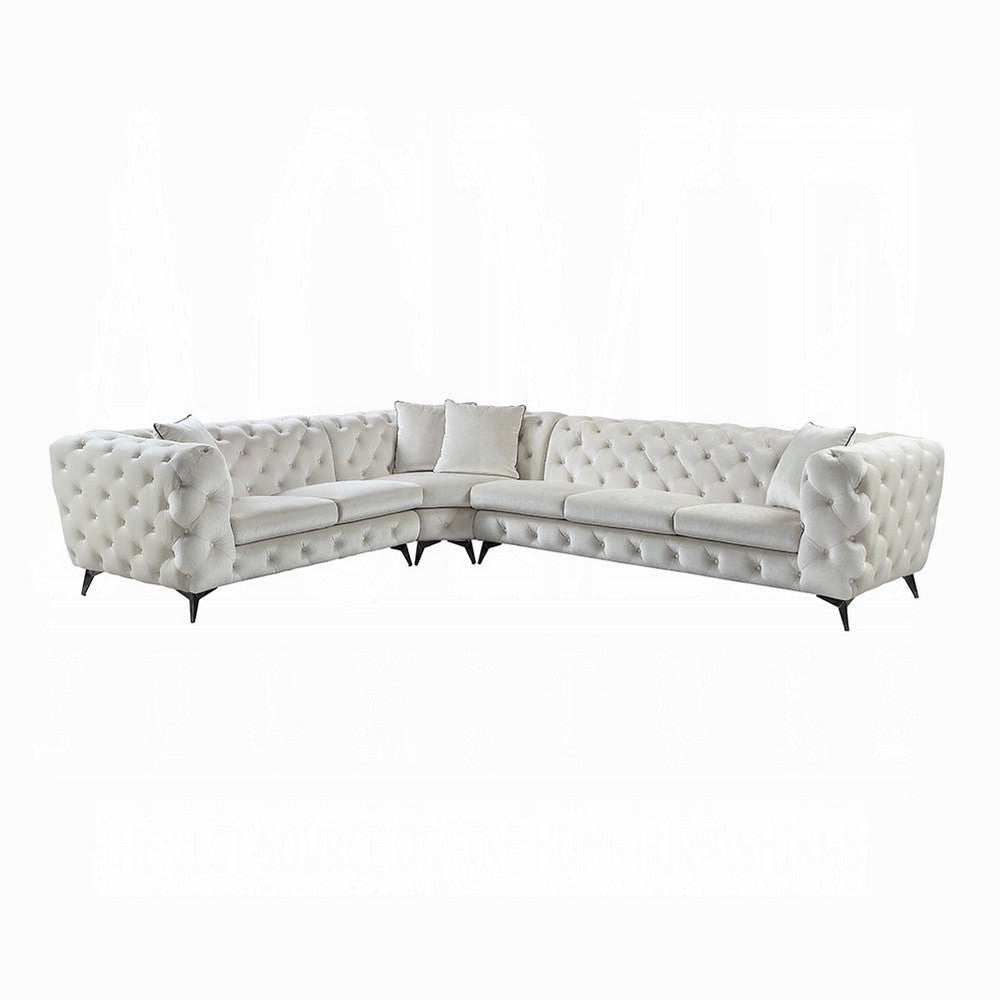 Ronia Sectional Sofa, 4 Throw Pillows, Tufted Ivory White, 133 Inch