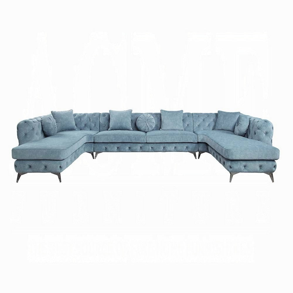 Ronia U Sectional Sofa 7 Throw Pillows Tufted Blue Fabric 164 Inch BM327590