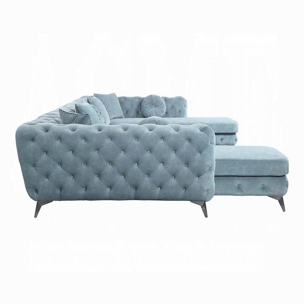 Ronia U Sectional Sofa 7 Throw Pillows Tufted Blue Fabric 164 Inch BM327590