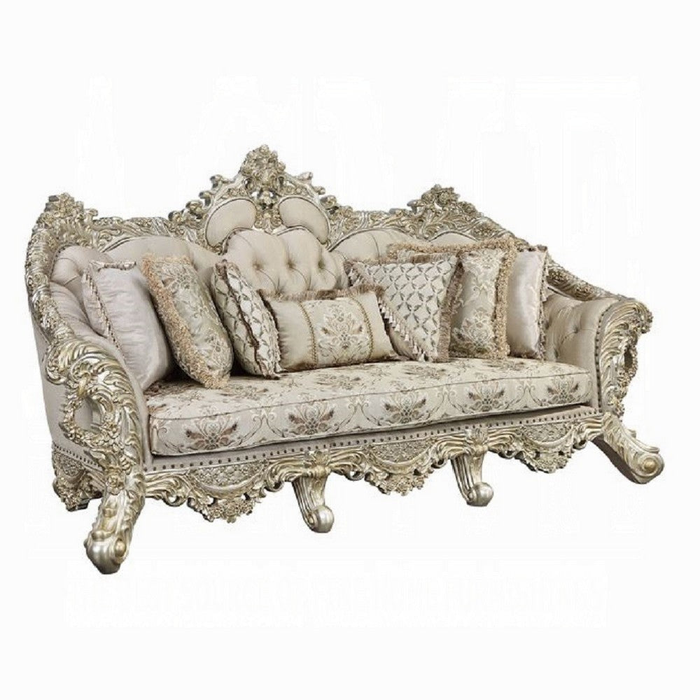 Mas Ornate Sofa, 7 Accent Pillows, Classic Champagne Gold and Beige