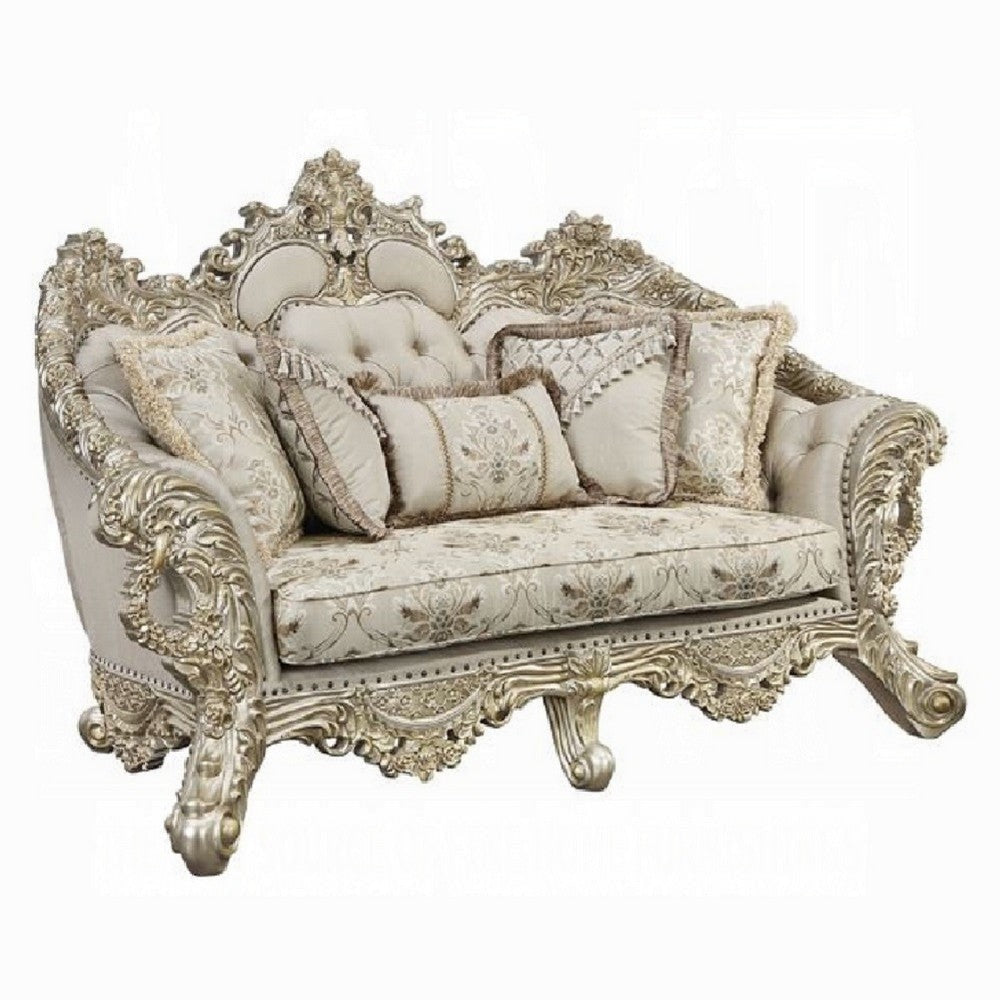 Mas Ornate Loveseat, 5 Accent Pillows, Beige and Champagne Gold
