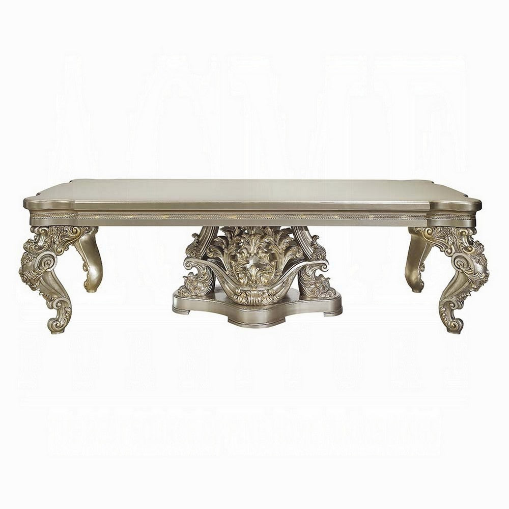 Mas Dining Table, Classical Carved Design, Champagne Gold, 110 Inch